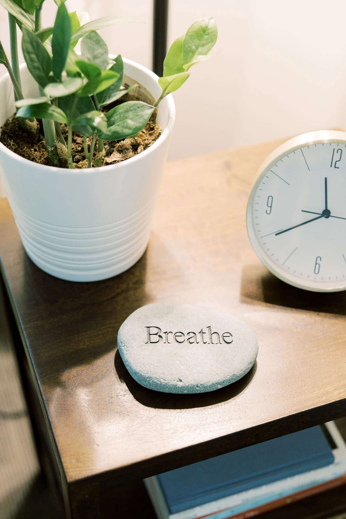 Plant, clock, and stone on the table that says "breathe"